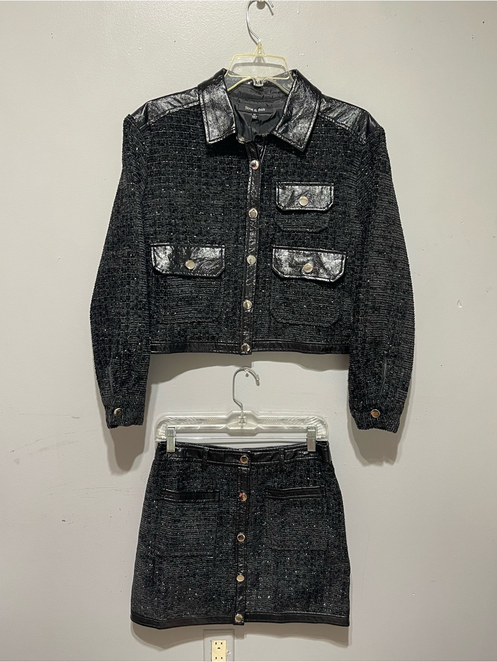Strut & Bolt Black Tweed Cropped Jacket and Mini Skirt Set